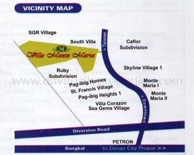 Villa Monte Maria Vicinity Map. Villa Monte Maria is a new low cost housing in Davao City located in Catalunan grande. This lowcost housing has affordable lots for sale in Davao, just beside Ruby Subdivision and a few meters away from HB1 (NCCC). Villa Monte Maria is a lowcost housing in a convenient location and accessible to public transportation.
